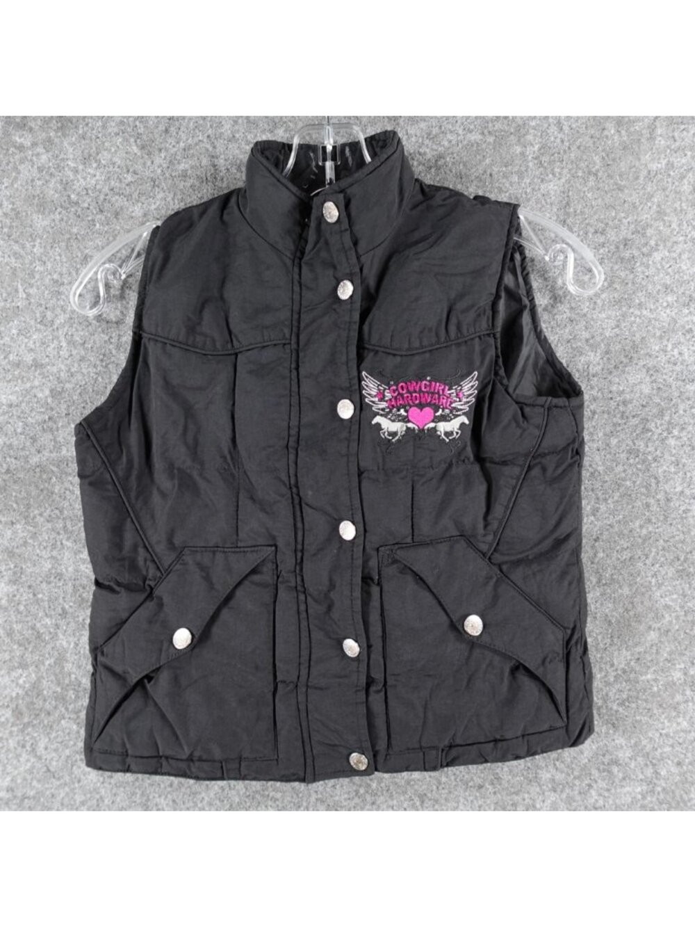 Cowgirl Hardware Puffer Vest Womens S Black Too Cute Embroidery Heart Rhinestone